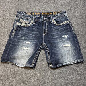 Rock Revival Kaylee Size 30 Easy Short Blue Embellished Distressed Thick Stitch